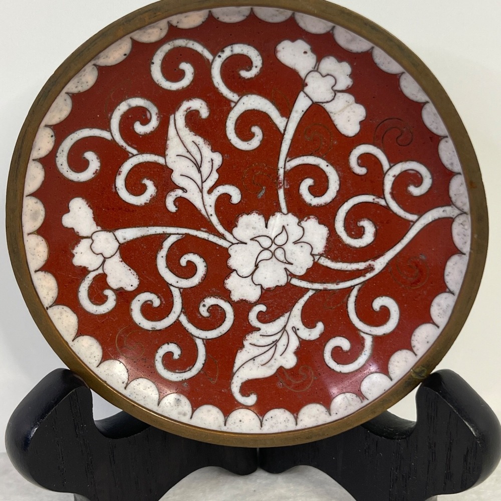 Vintage Enamel‎ Over Copper Brass Hand Painted Trinket Dish Bowl Florals